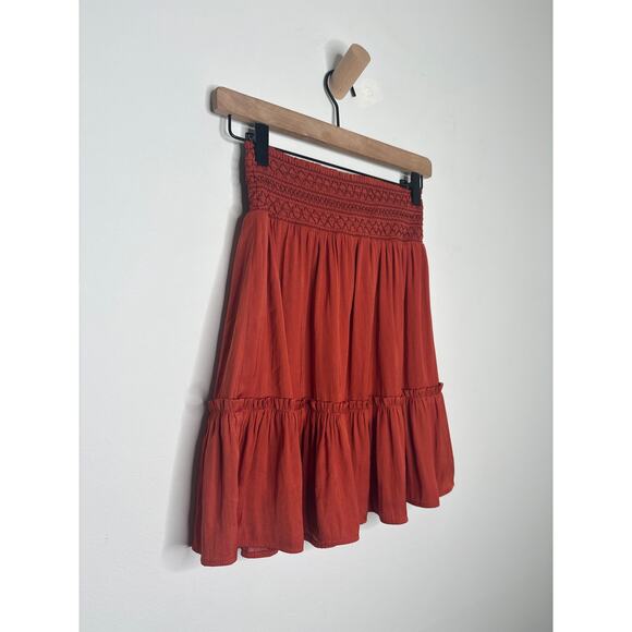 Boden Smocked Tiered Ruffle Mini Skirt Size 2 Burnt Orange Red Fall Boho - Picture 8 of 8